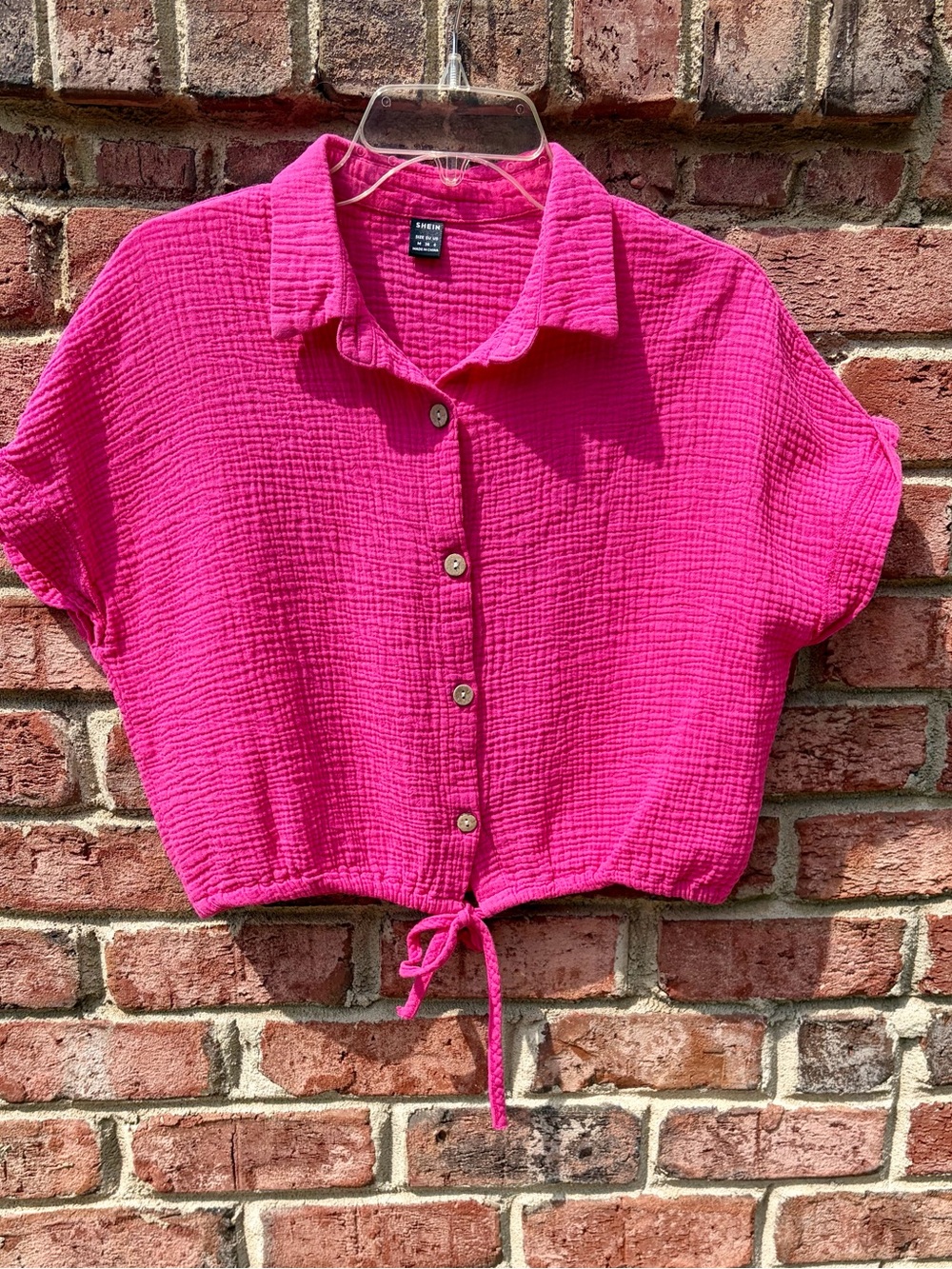 SHEIN Hot Pink Cropped Button-Down Tie-Hem Shirt